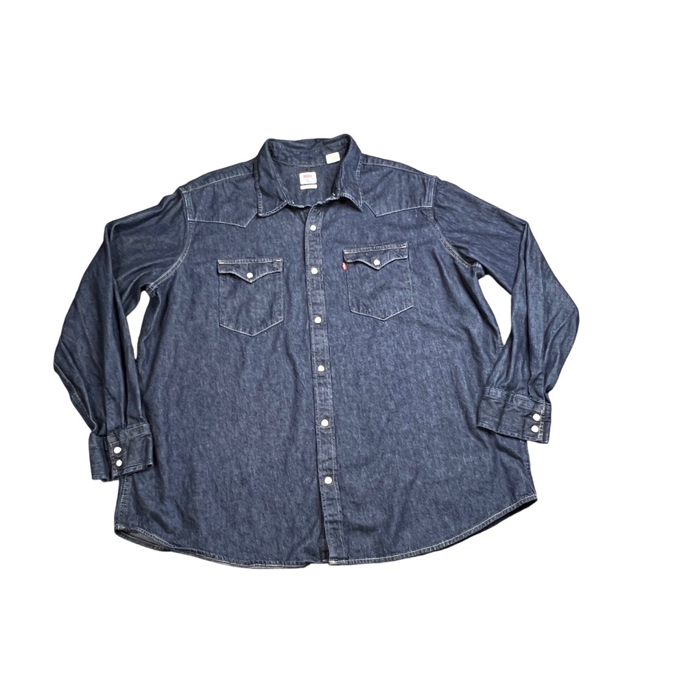 Levis‎ Mens XXL Pearl Snap Button Dark Wash Denim Western Shirt Long Sleeve